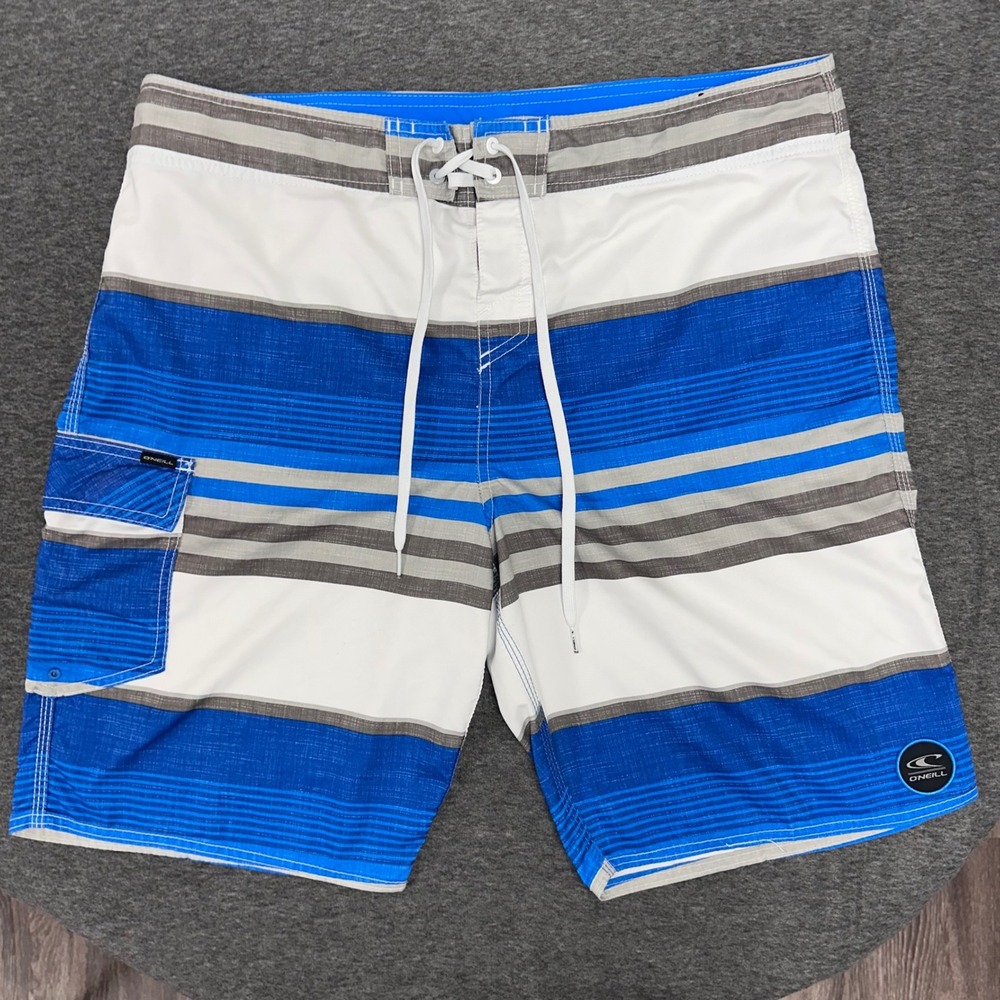 O'Neill Striped Board Shorts Swim Trunks Beach Surf Blue White Gray 38